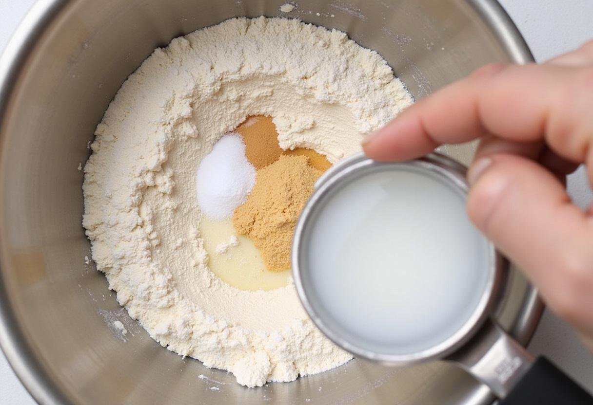 Dry ingredients for blueberry bagels being prepared, showcasing the initial steps to control blueberry bagel calories.