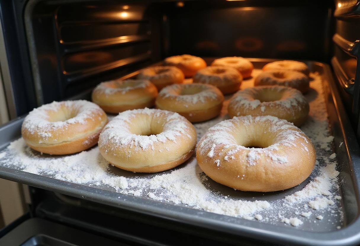 Unbaked blueberry bagels rising on a tray, preparing for the oven while considering the blueberry bagel calories.