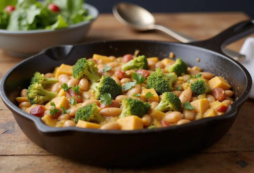 Delicious broccoli cheddar bean skillet served in a rustic cast-iron skillet, showcasing a creamy texture and vibrant colors, perfect for a hearty meal.