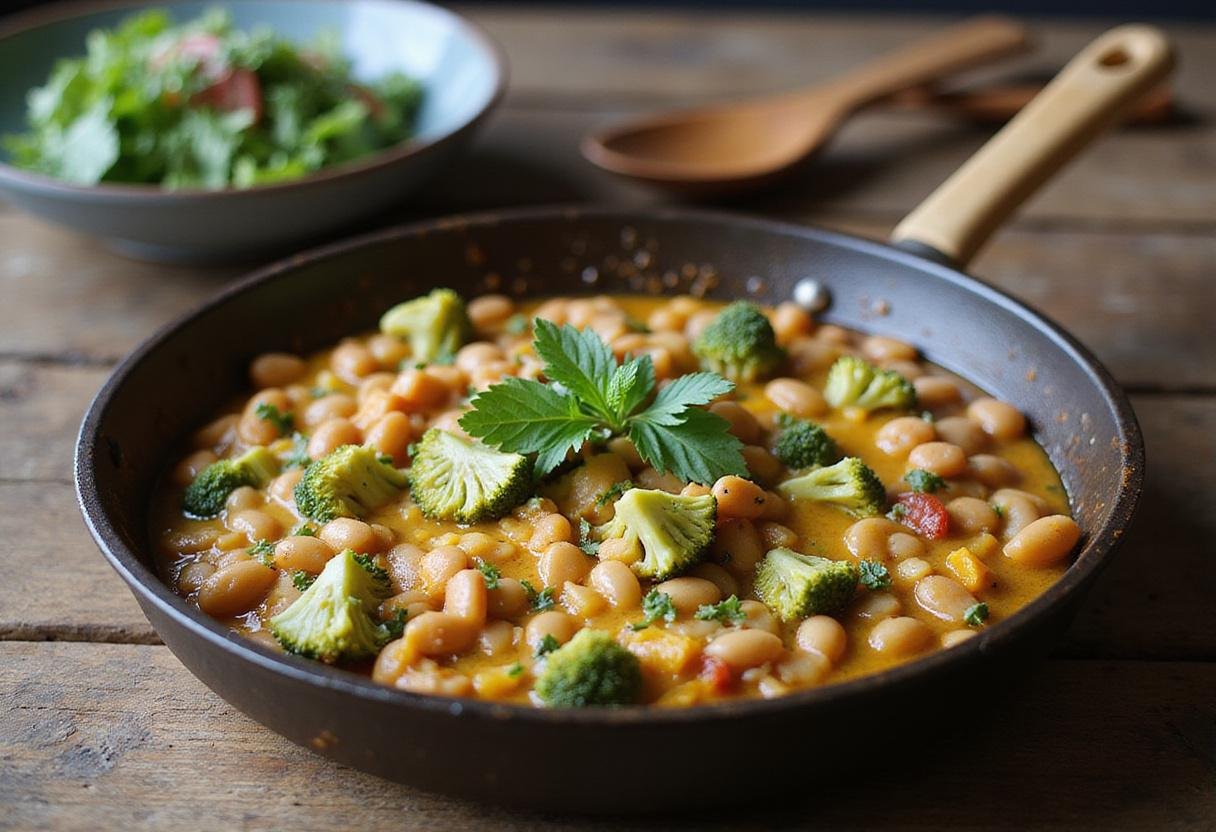 Delicious broccoli cheddar bean skillet served in a rustic cast-iron skillet, showcasing a creamy texture and vibrant colors, perfect for a hearty meal.