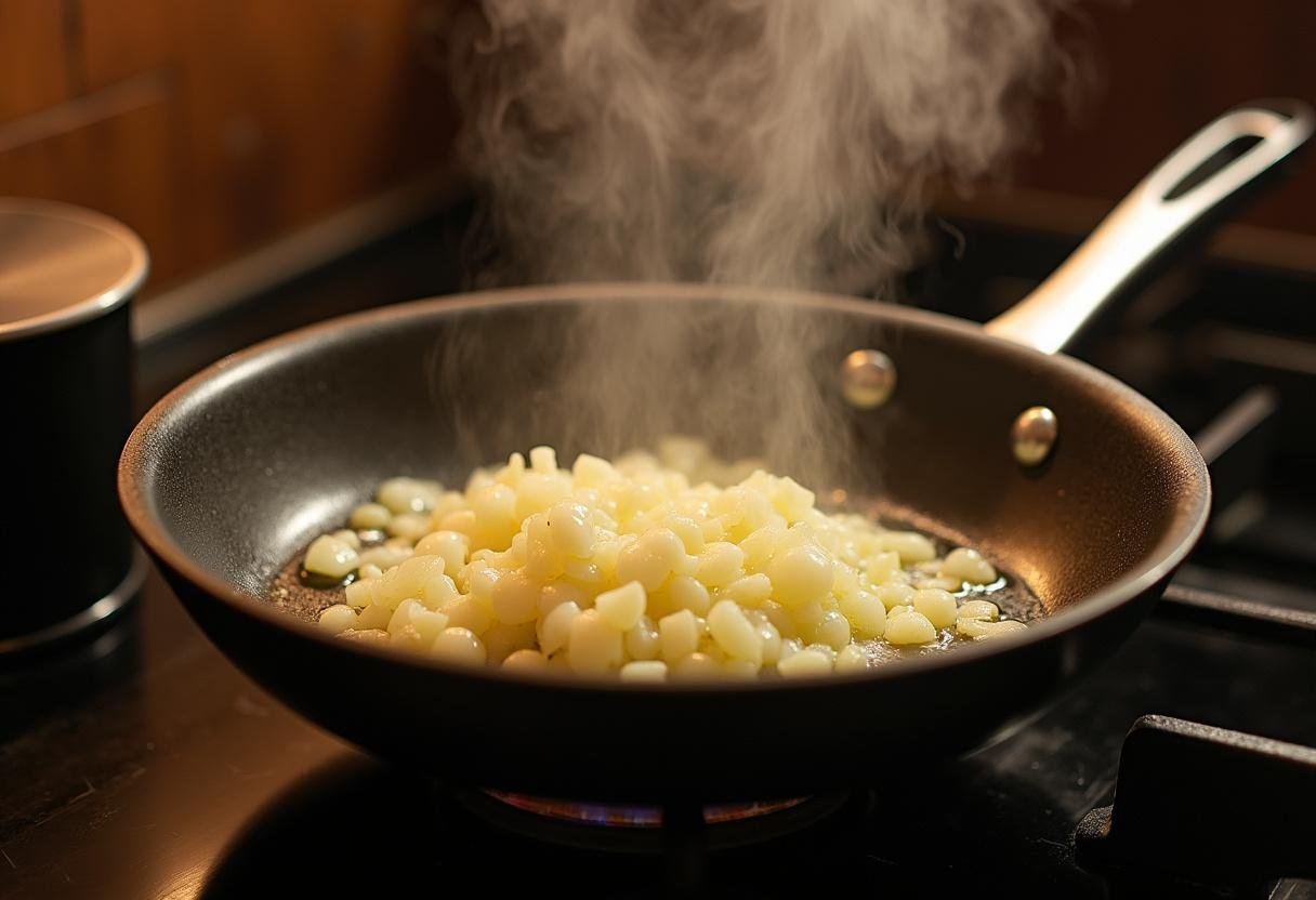 Sizzling onions and garlic in a skillet, preparing a flavorful base for broccoli cheddar creamy beans recipe, with olive oil glistening.