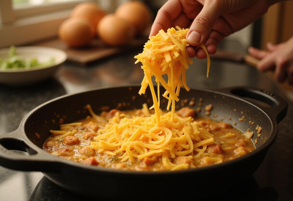 Melting cheddar cheese being added to a skillet of broccoli and beans, creating a creamy texture for a broccoli cheddar creamy beans recipe.