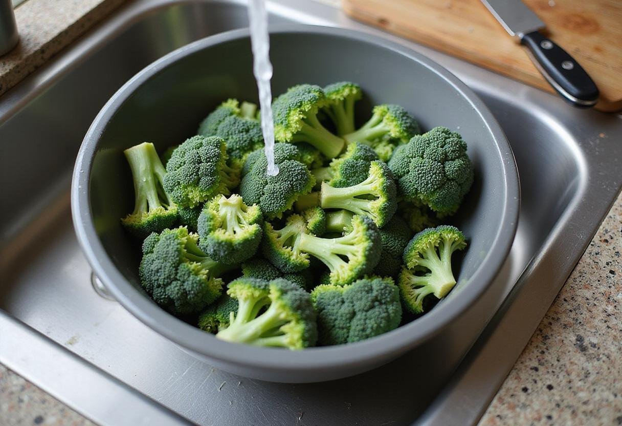 Fresh broccoli crowns being prepared in the kitchen, washing and chopping broccoli for a delicious Broccoli Crowns Delight recipe.