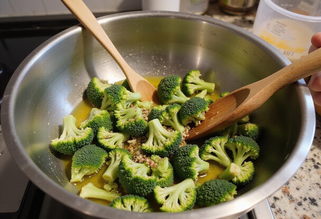Healthy broccoli crowns mixed with olive oil and garlic, preparing to create a flavorful dish of Broccoli Crowns Delight.