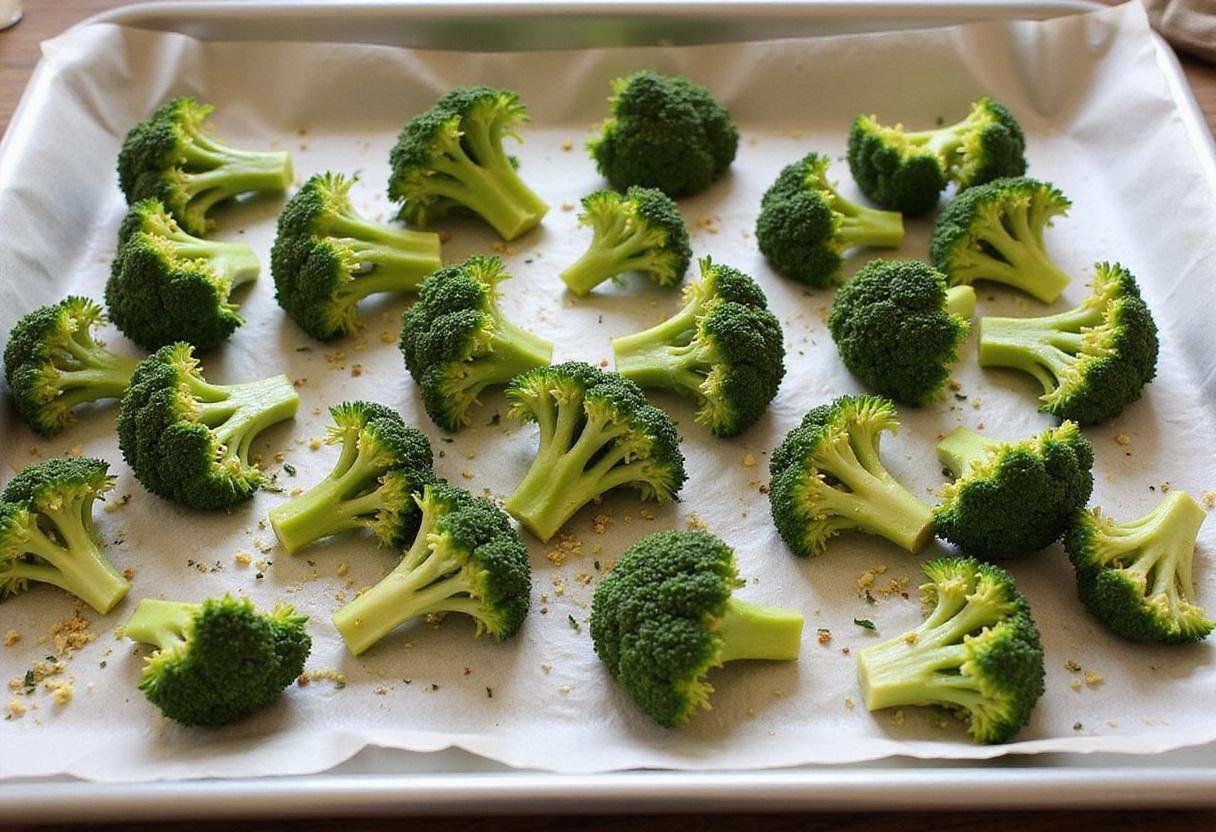Broccoli crowns arranged on a baking sheet, ready to roast for a nutritious and tasty Broccoli Crowns Delight.