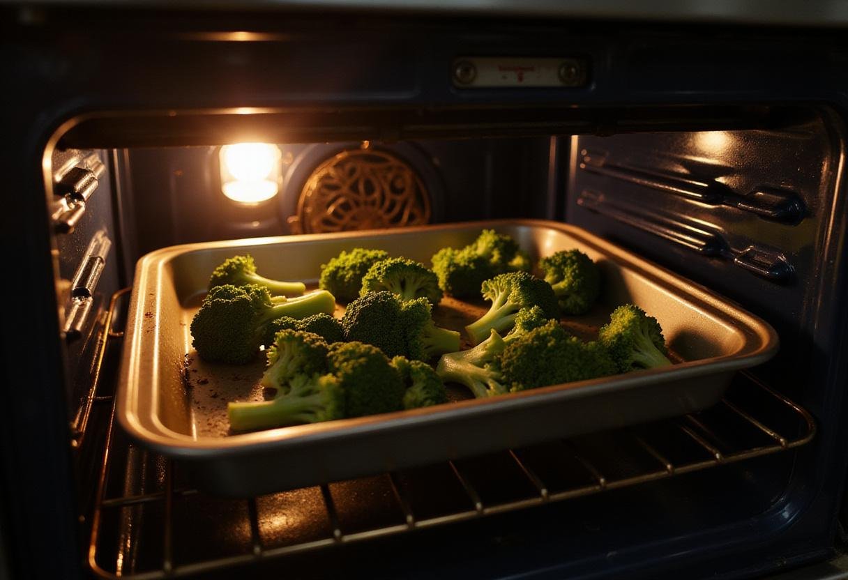 Cooking broccoli crowns in the oven, delicious aromas filling the kitchen as the Broccoli Crowns Delight bakes to perfection.