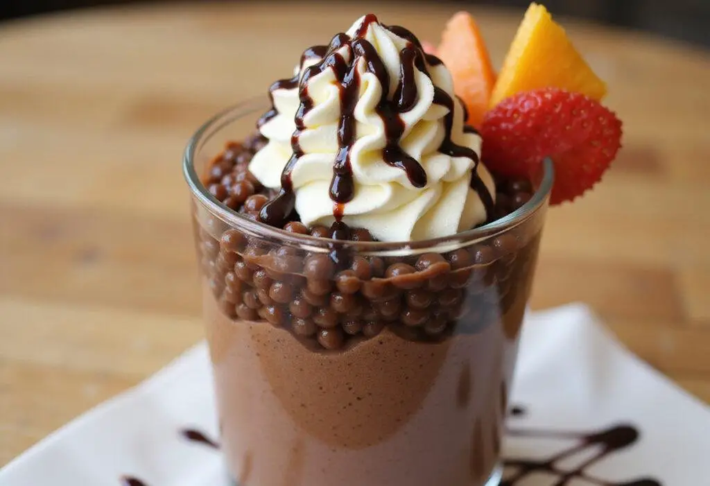 Spectacular presentation of Bubbly Sweet Chocolate Pearl Sensation featuring chocolate boba in a glass, adorned with whipped cream and fruits for an irresistible treat.