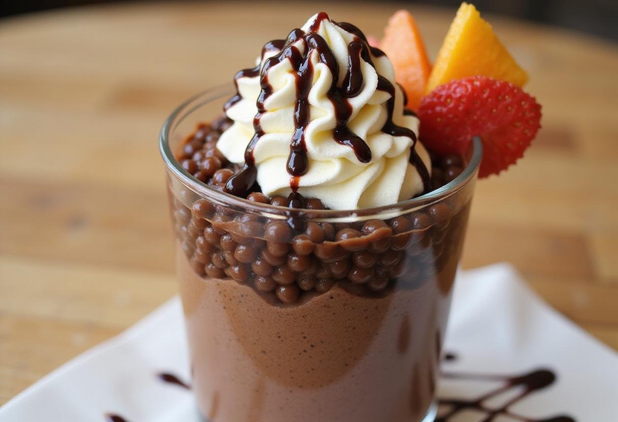 Spectacular presentation of Bubbly Sweet Chocolate Pearl Sensation featuring chocolate boba in a glass, adorned with whipped cream and fruits for an irresistible treat.
