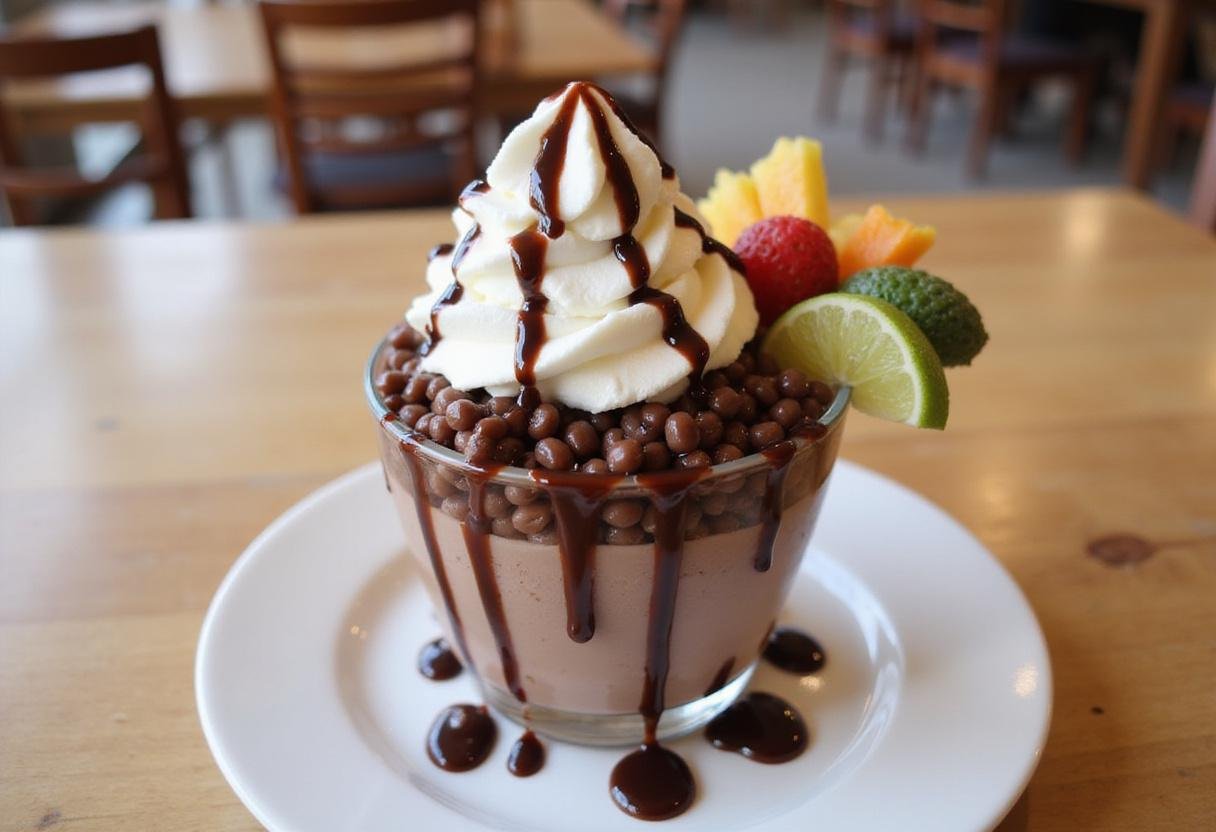Spectacular presentation of Bubbly Sweet Chocolate Pearl Sensation featuring chocolate boba in a glass, adorned with whipped cream and fruits for an irresistible treat.