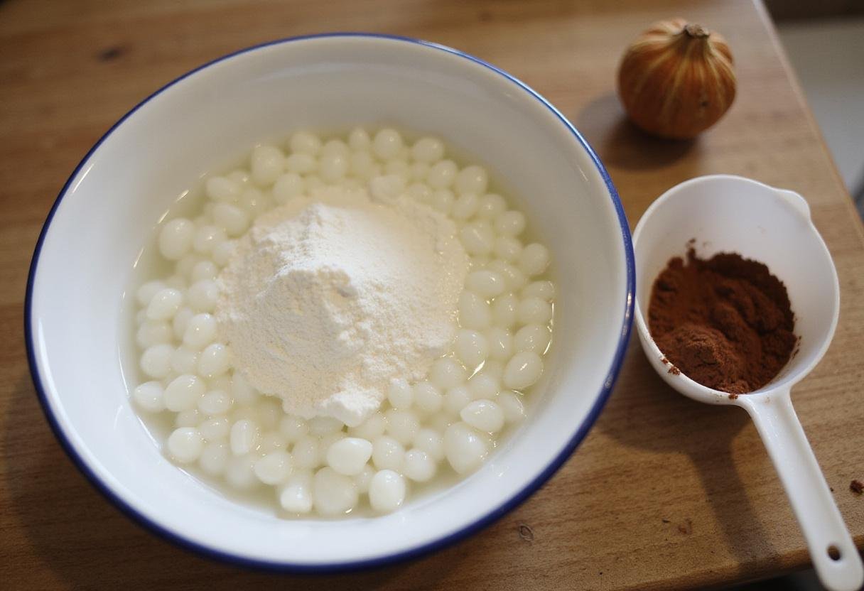 Bubbly Sweet Chocolate Pearl Sensation ingredients preparation with chocolate boba soaking in water, featuring tapioca pearls and cocoa powder for a delicious dessert.