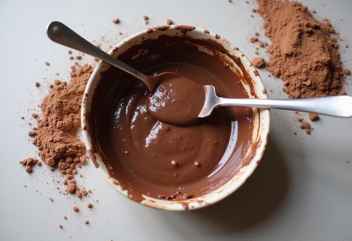 Creating a rich chocolate batter for Bubbly Sweet Chocolate Pearl Sensation, highlighting the mixture of cocoa powder and tapioca starch for chocolate boba.