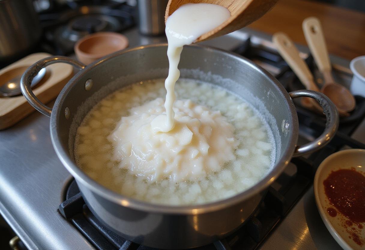 Cooking steps for Bubbly Sweet Chocolate Pearl Sensation, focusing on the boiling process of chocolate boba in water for a delightful dessert.