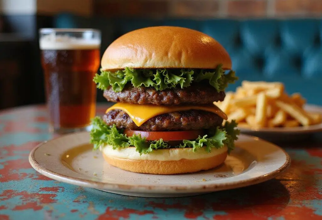 Final presentation of a Burger King Double Whopper with fries and drink on a rustic table.