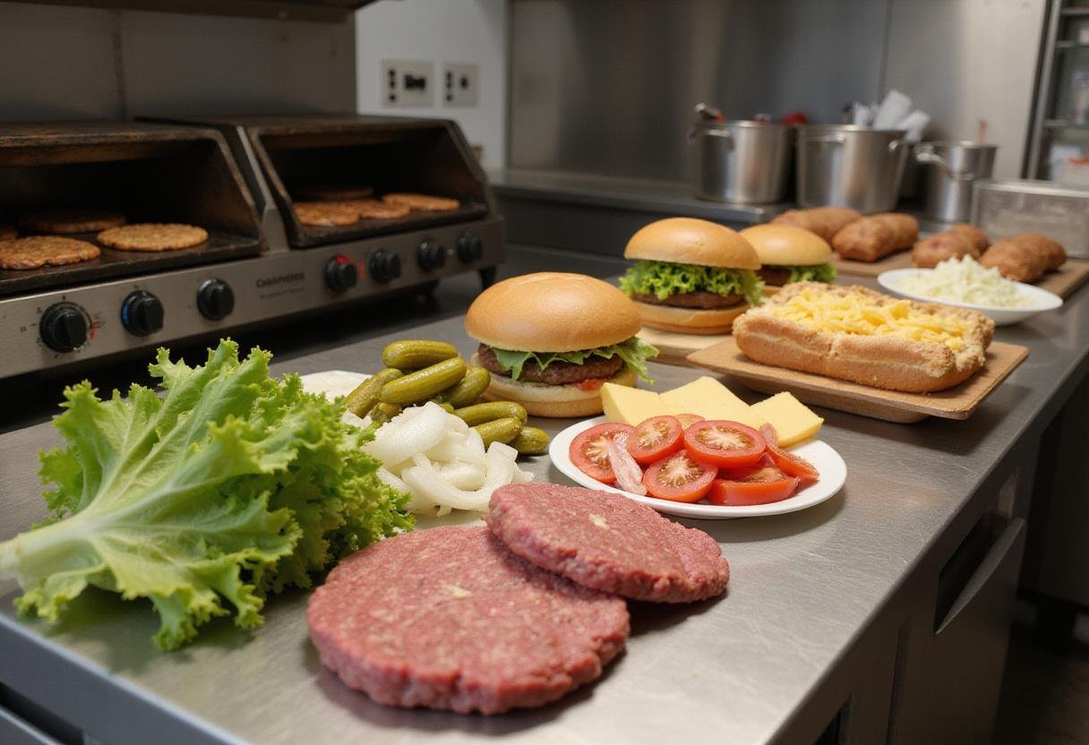 Ingredients for Burger King Double Whopper including beef patties, vegetables, and buns on kitchen counter.