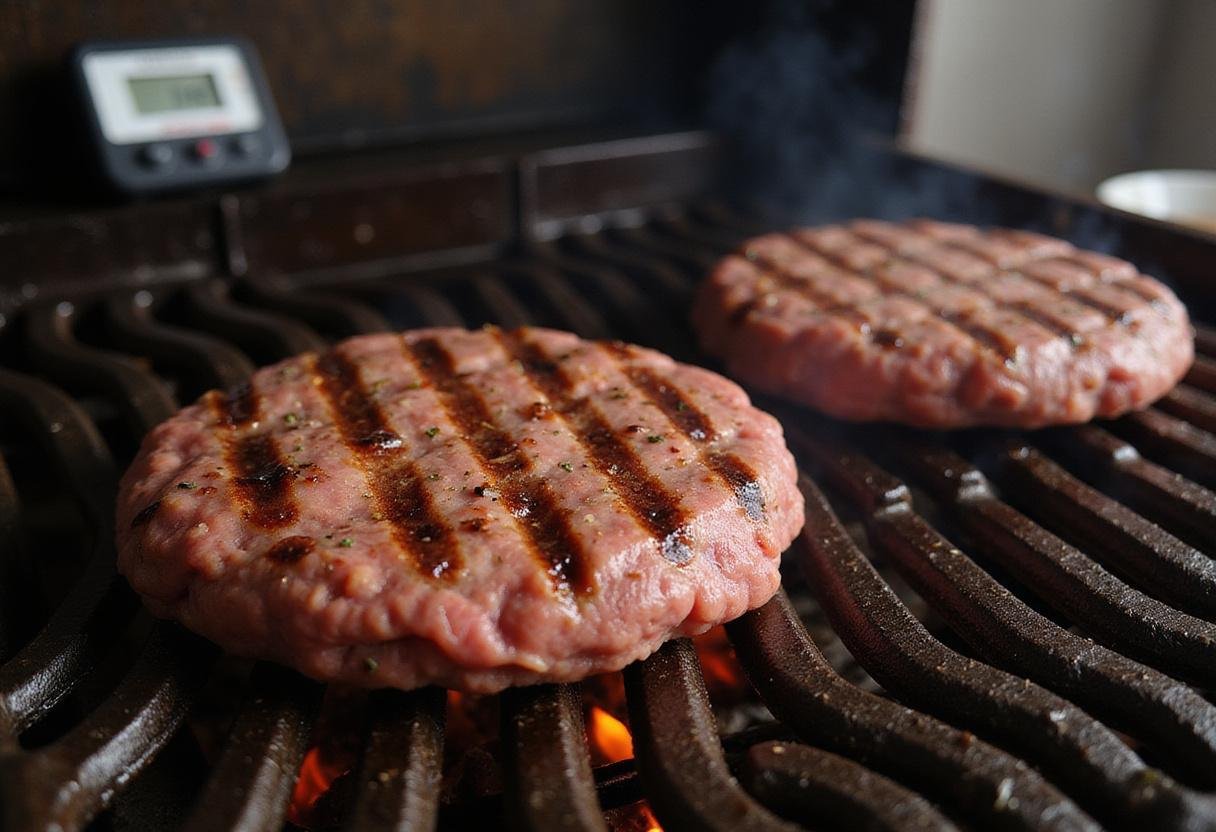 Cooking beef patties for Burger King Double Whopper on a grill with perfect sear marks.
