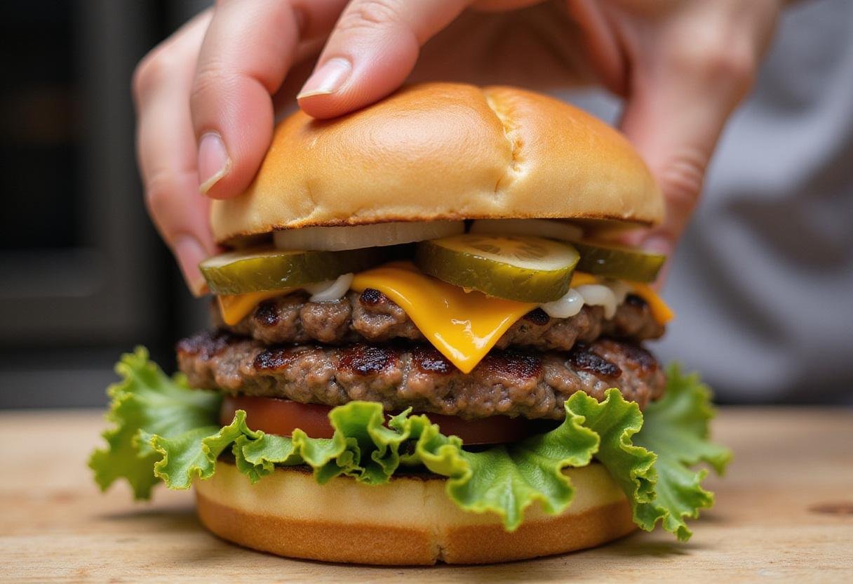 Assembling a Burger King Double Whopper with fresh ingredients like lettuce, patties, and cheese.