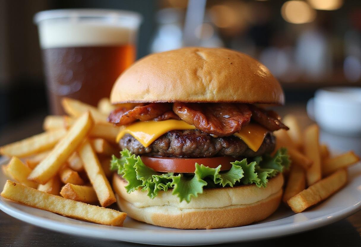 Final assembly of a Burger King Double Whopper served with fries, highlighting delicious ingredients.