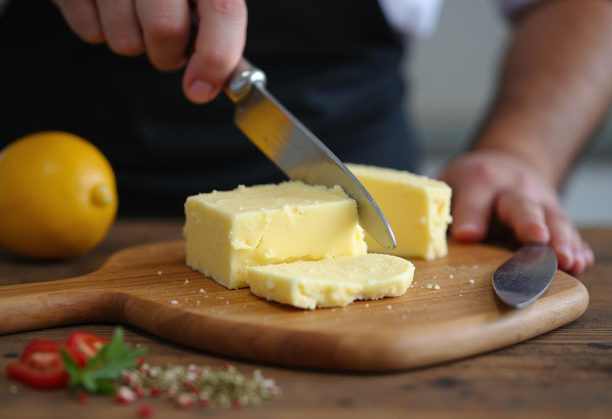 Freshly made butter being spread on a wooden board, with herbs and spices ready for seasoning in Butter Nutrition Label preparation.