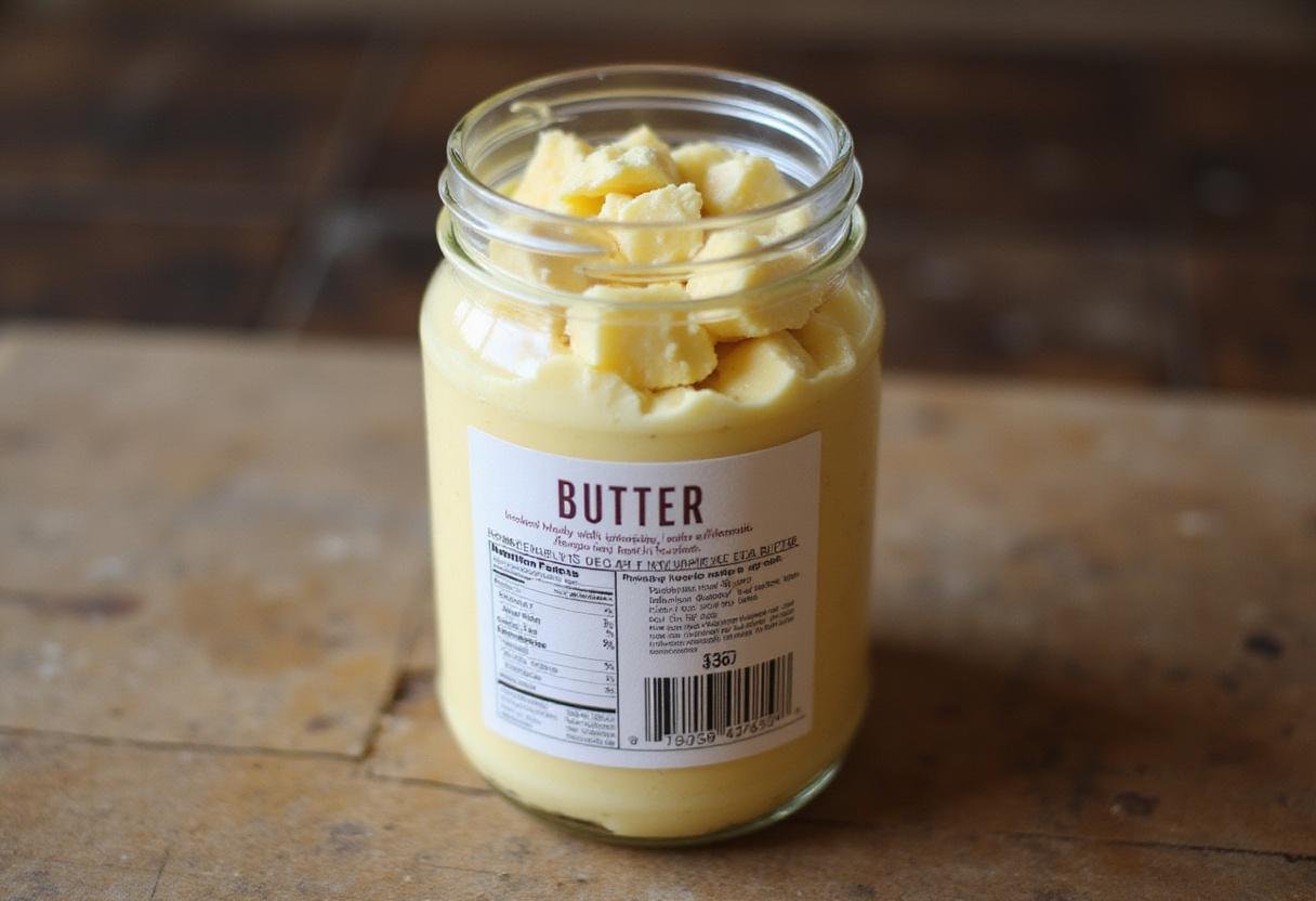 Homemade butter in a jar with a nutrition label displayed on a farmhouse table, perfect for Butter Nutrition Label illustration.