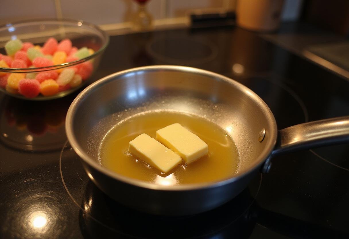 Melted butter in a saucepan for butter rum lifesavers treat preparation with lifesaver candies in a cozy kitchen.