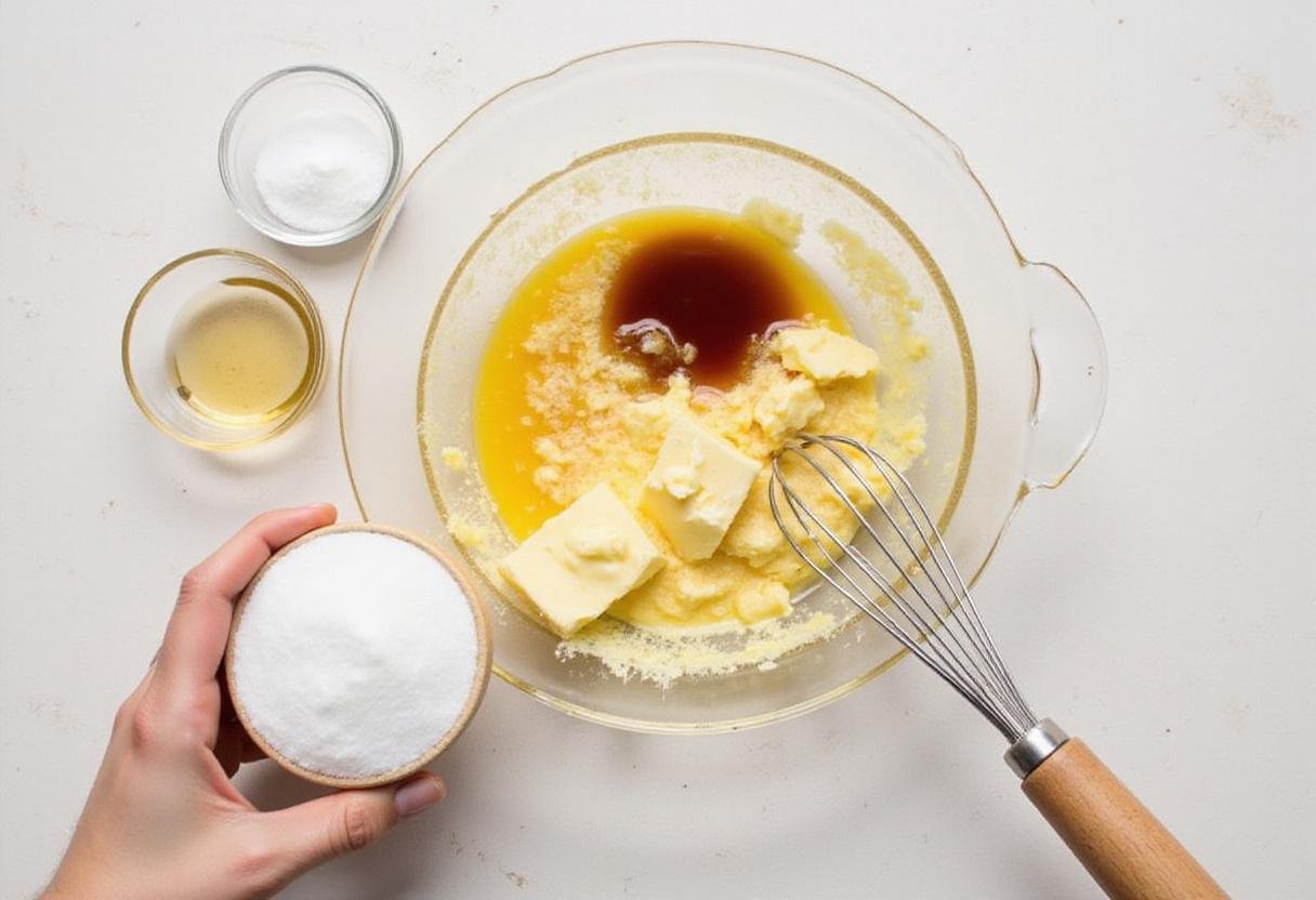 Combining melted butter, rum extract, and sugar in a bowl, preparing for butter rum lifesavers treats in a home kitchen.