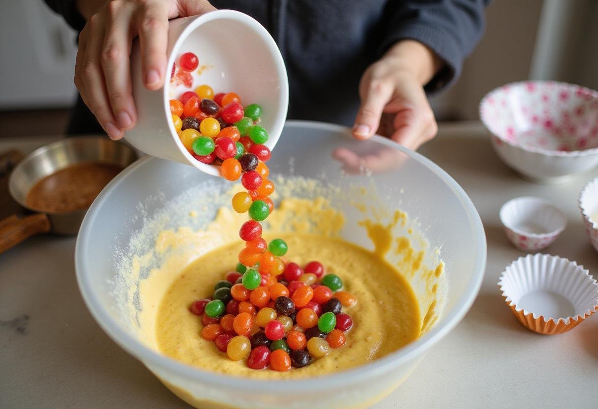 Lifesaver candies being mixed with butter rum mixture in a bowl for butter rum lifesavers treat preparation.