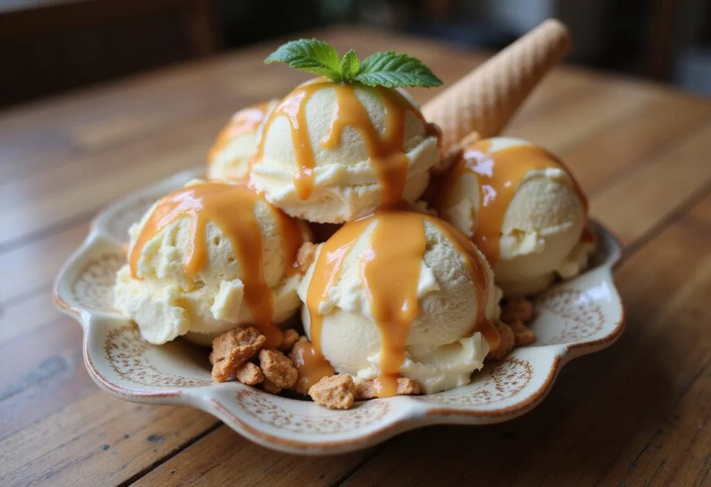 Final presentation of caramel cone ice cream swirl, showcasing creamy texture and drizzled caramel.