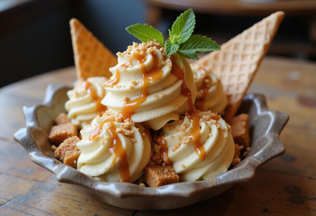Final presentation of caramel cone ice cream swirl, showcasing creamy texture and drizzled caramel.