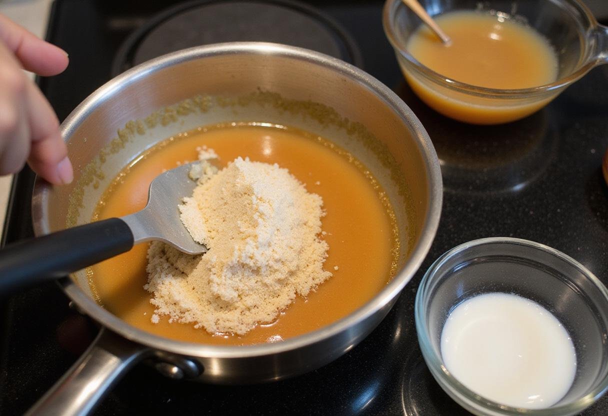 Making caramel for caramel cone ice cream, melting sugar in a saucepan for a rich flavor.