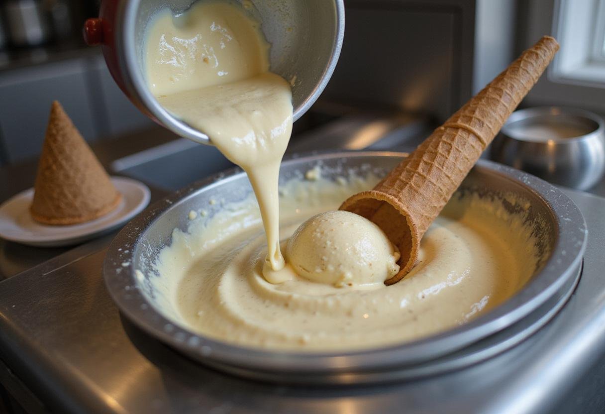 Churning homemade caramel cone ice cream in an ice cream machine for a creamy texture.