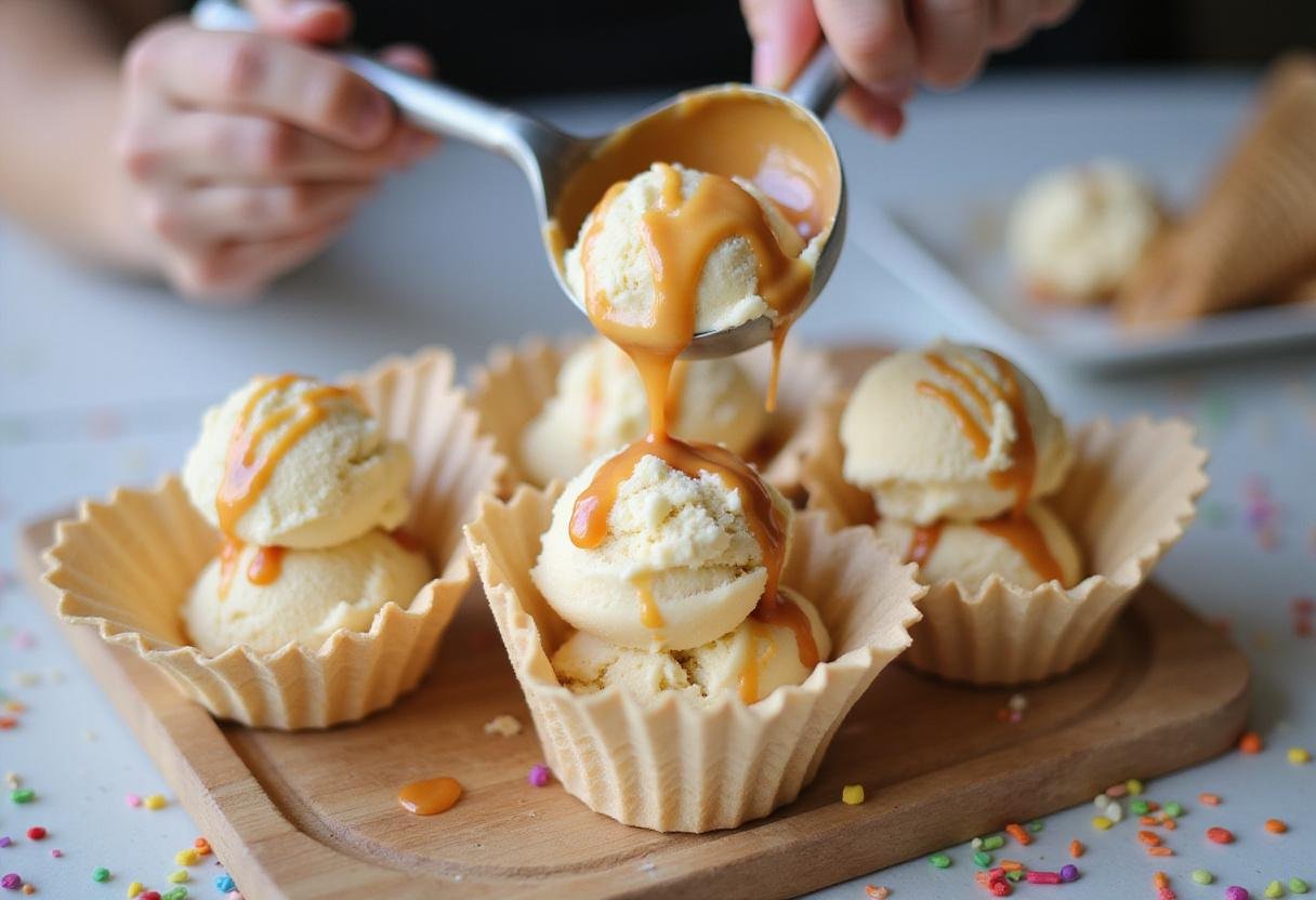 Scooping delicious caramel cone ice cream into cones topped with caramel sauce.