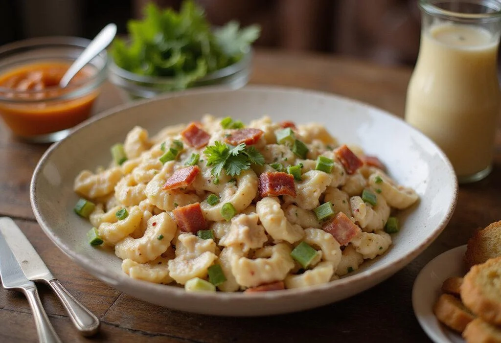 Final presentation of chicken bacon ranch pasta salad highlighting creamy texture and fresh ingredients in a bowl.