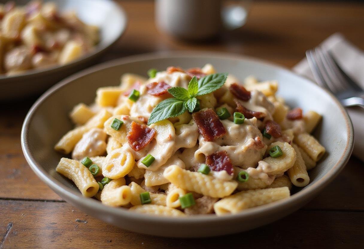 Final presentation of chicken bacon ranch pasta salad highlighting creamy texture and fresh ingredients in a bowl.