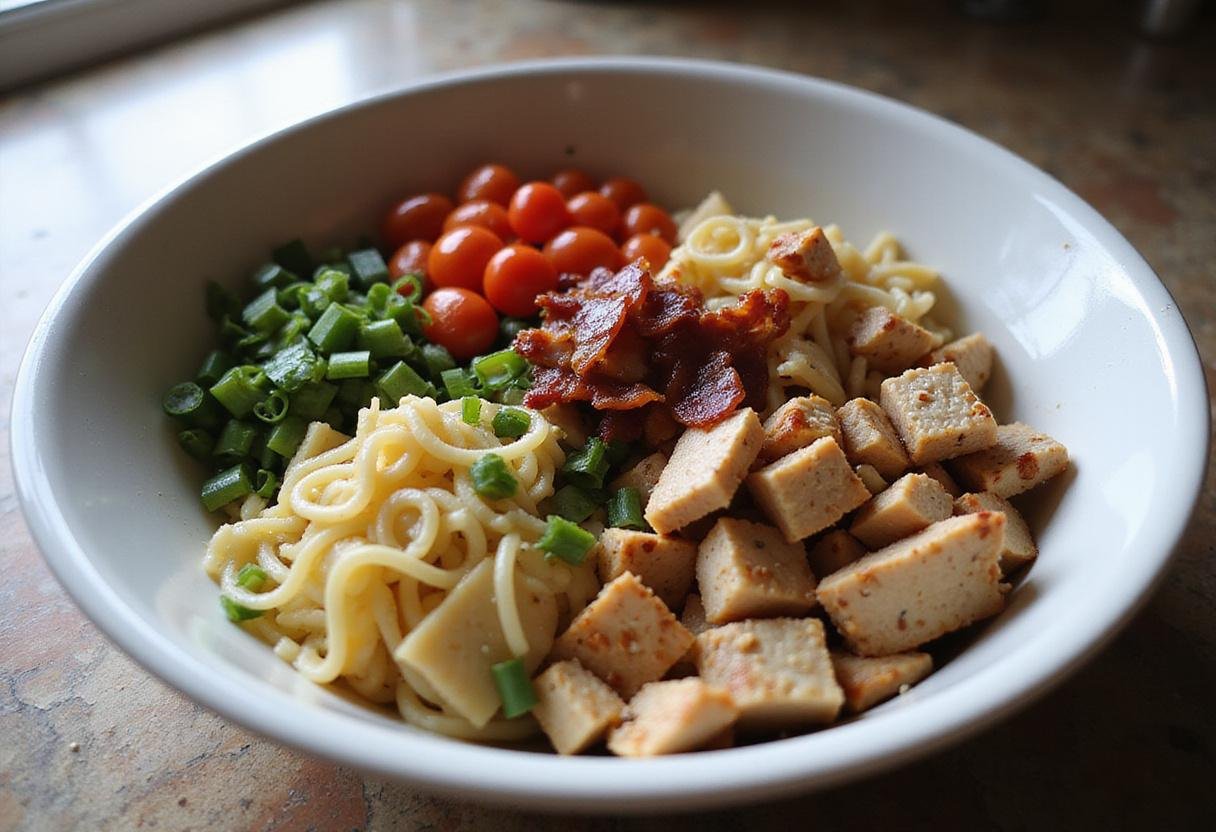 Delicious chicken bacon ranch pasta salad ingredients including pasta, chicken, bacon, and vegetables in a bowl.