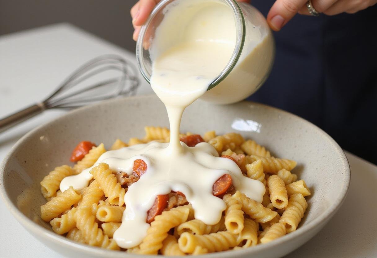 Creamy ranch dressing being added to the chicken bacon ranch pasta salad preparation.
