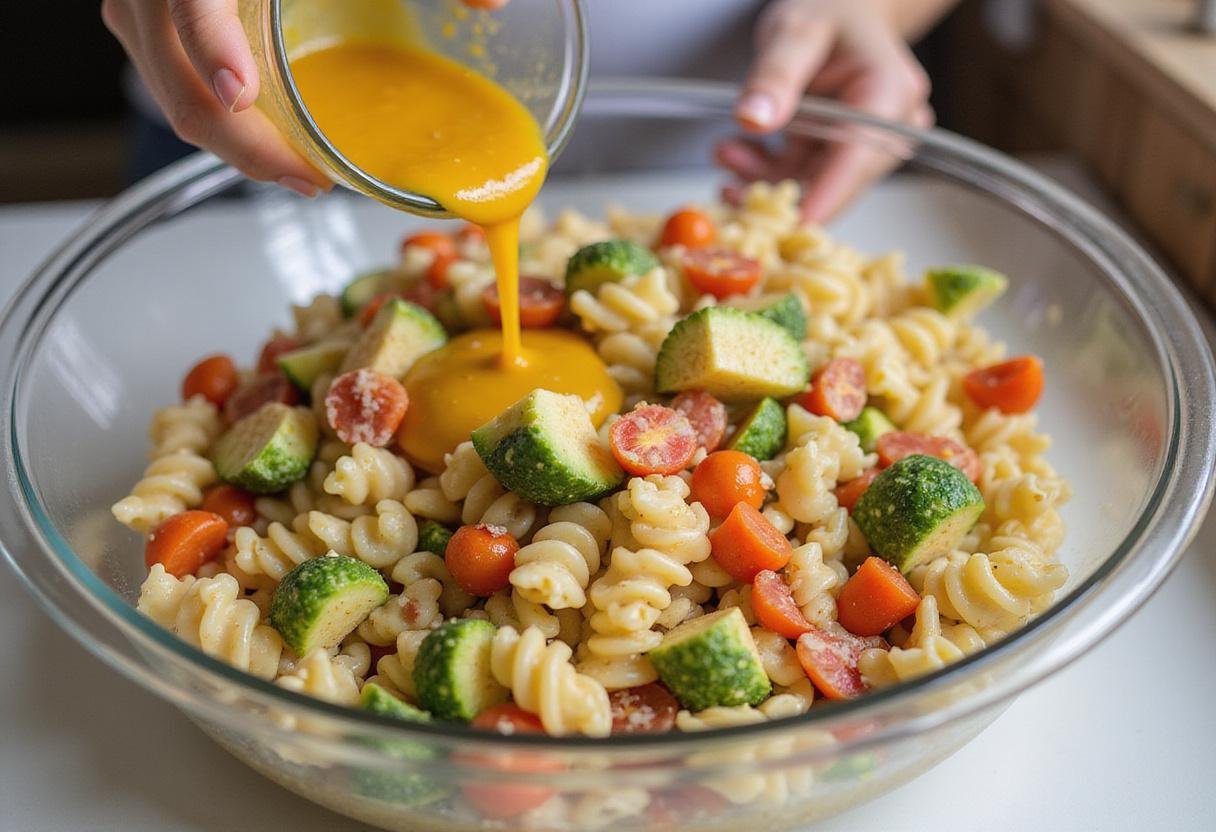 Tossing together chicken bacon ranch pasta salad with coated ingredients in a bowl.