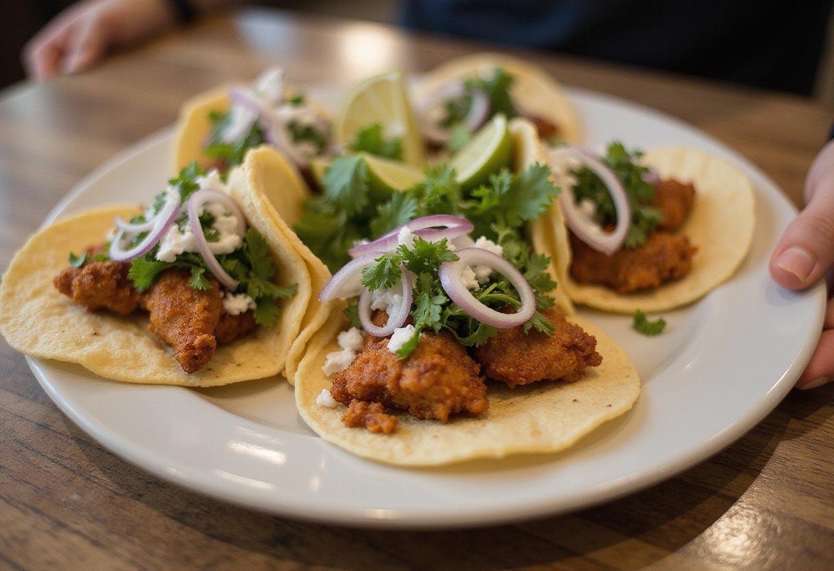 Delicious chicken birria tacos served with fresh garnishes, showcasing the final result of chicken birria tacos recipe.