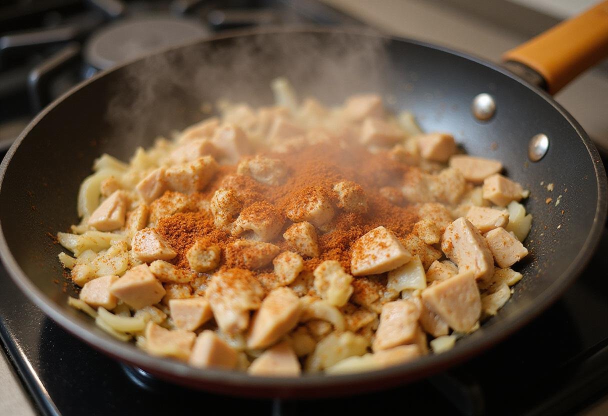 Sizzling diced chicken and spices in a skillet, step in chicken birria tacos recipe preparation.