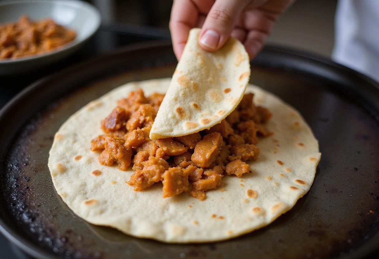 Filling tortillas with delicious chicken birria mixture for homemade tacos.