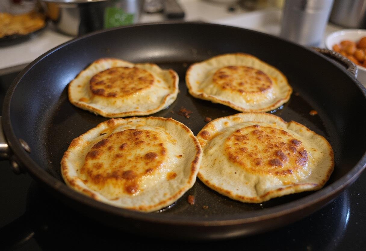 Cooking chicken birria tacos on a skillet until golden brown, important step in chicken birria tacos recipe.