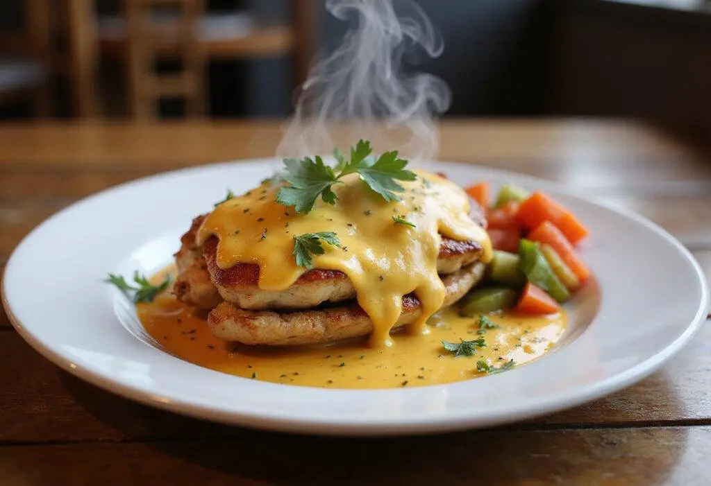 Delicious Chicken Chesapeake ready to serve, showcasing its cheesy crab topping and presentation in an inviting dining setting.