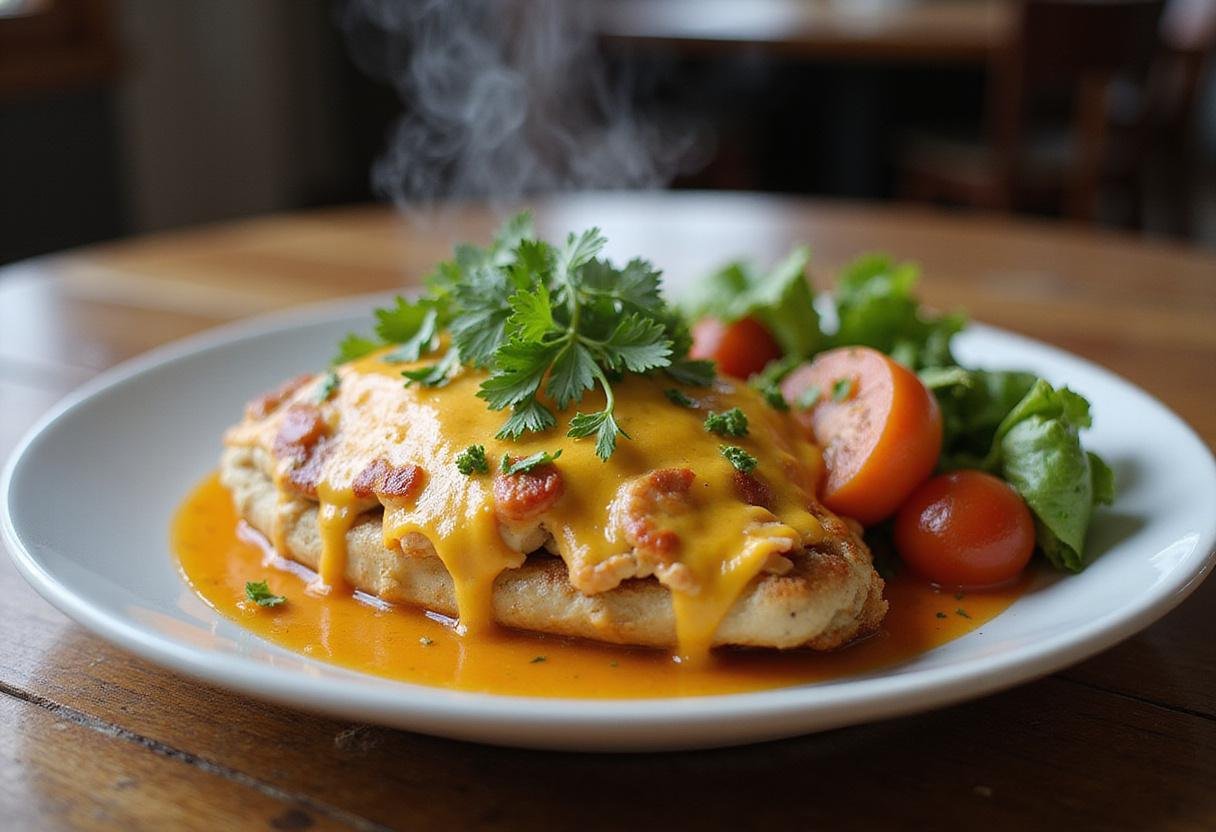 Delicious Chicken Chesapeake ready to serve, showcasing its cheesy crab topping and presentation in an inviting dining setting.