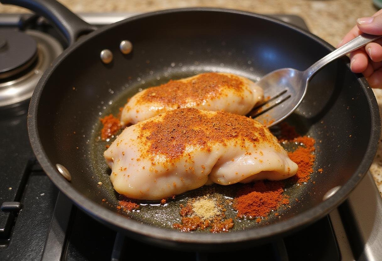 Preparing Chicken Chesapeake with marinated chicken breast and flavorful spices in a frying pan.