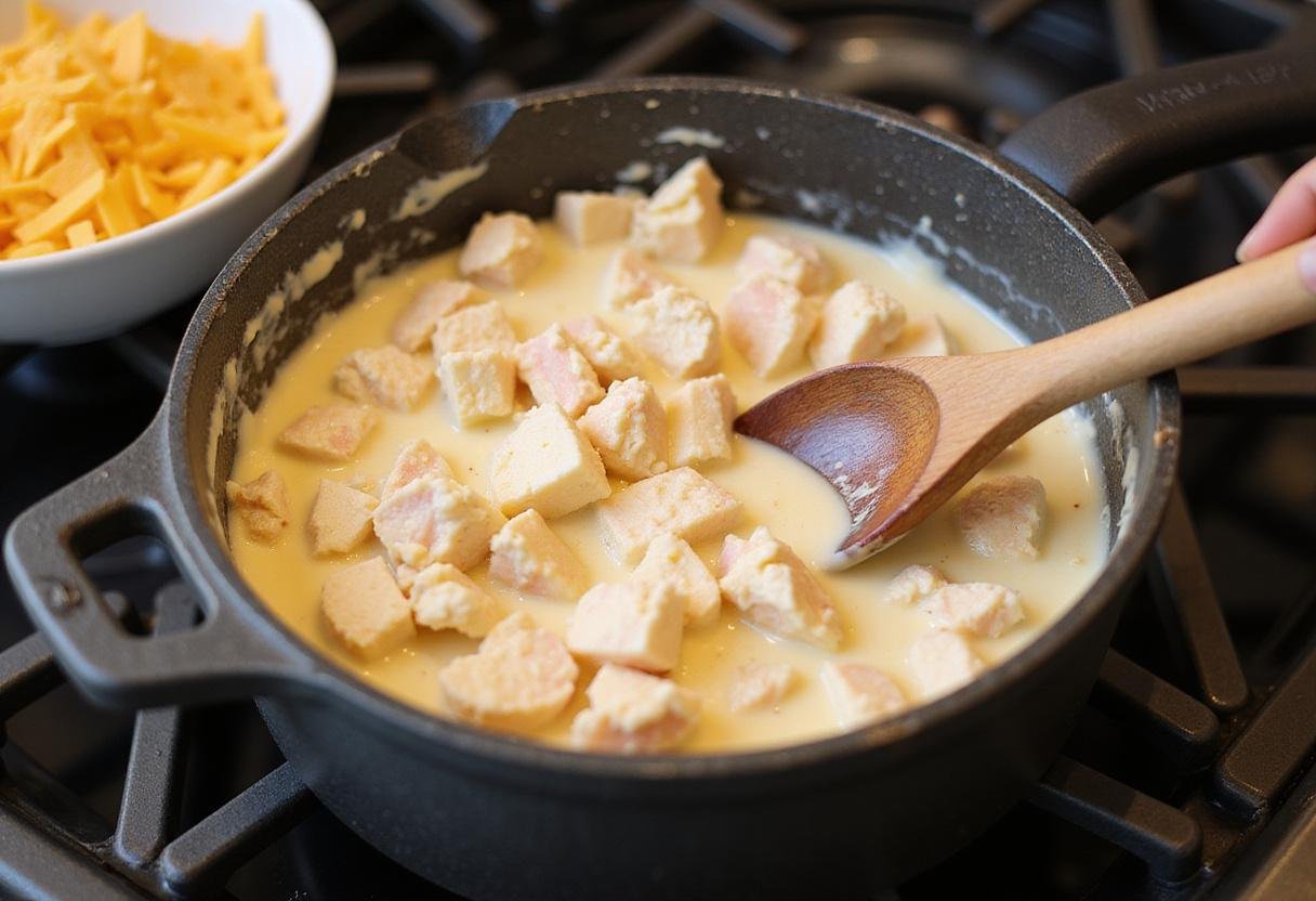 Creating the creamy crab filling essential for Chicken Chesapeake with cream cheese, mayonnaise, and crab meat.