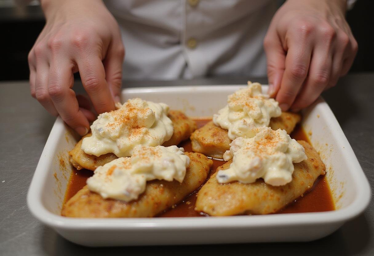 Assembling Chicken Chesapeake by layering chicken breasts and creamy crab topping in a baking dish.