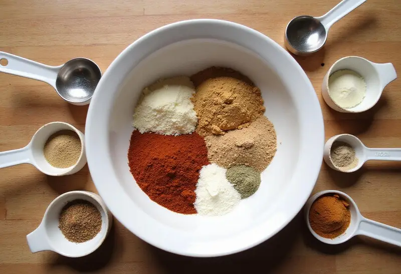 Ingredients for chicken ramen seasoning including garlic powder, onion powder, and ground ginger in a mixing bowl.