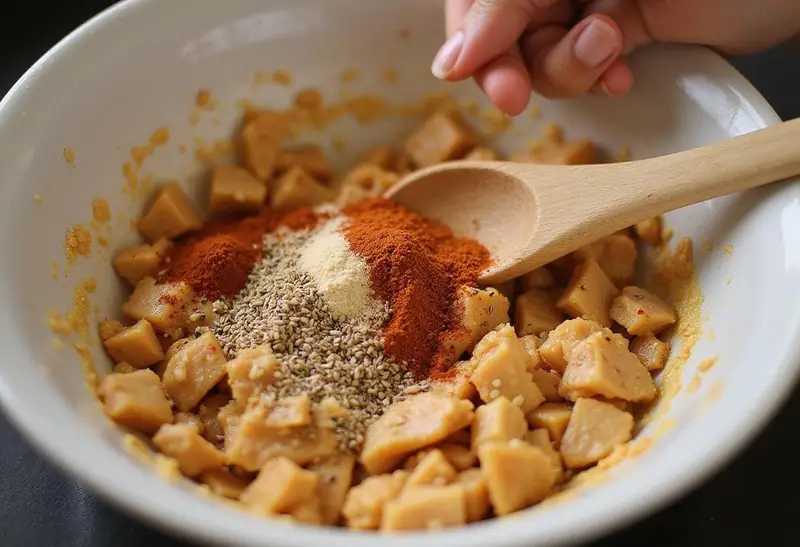 Mixing chicken ramen seasoning spices with a wooden spoon for an even blend.