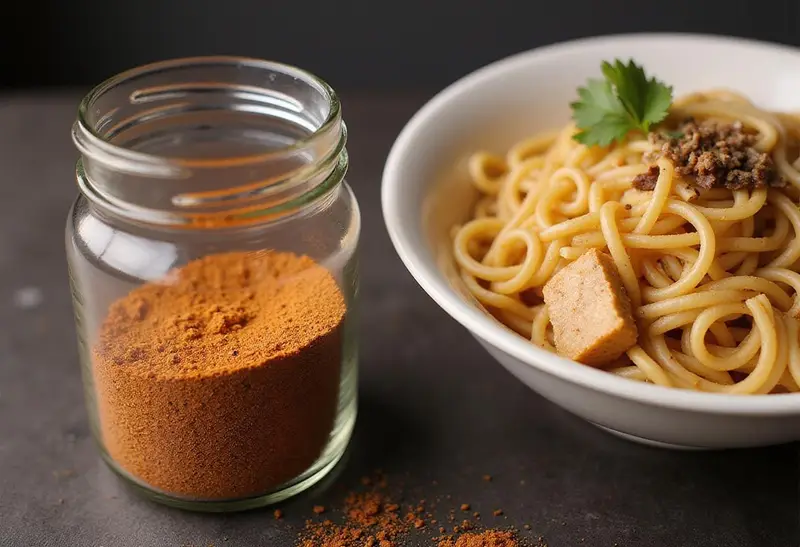 Homemade chicken ramen seasoning jar displayed next to a bowl of ramen noodles.