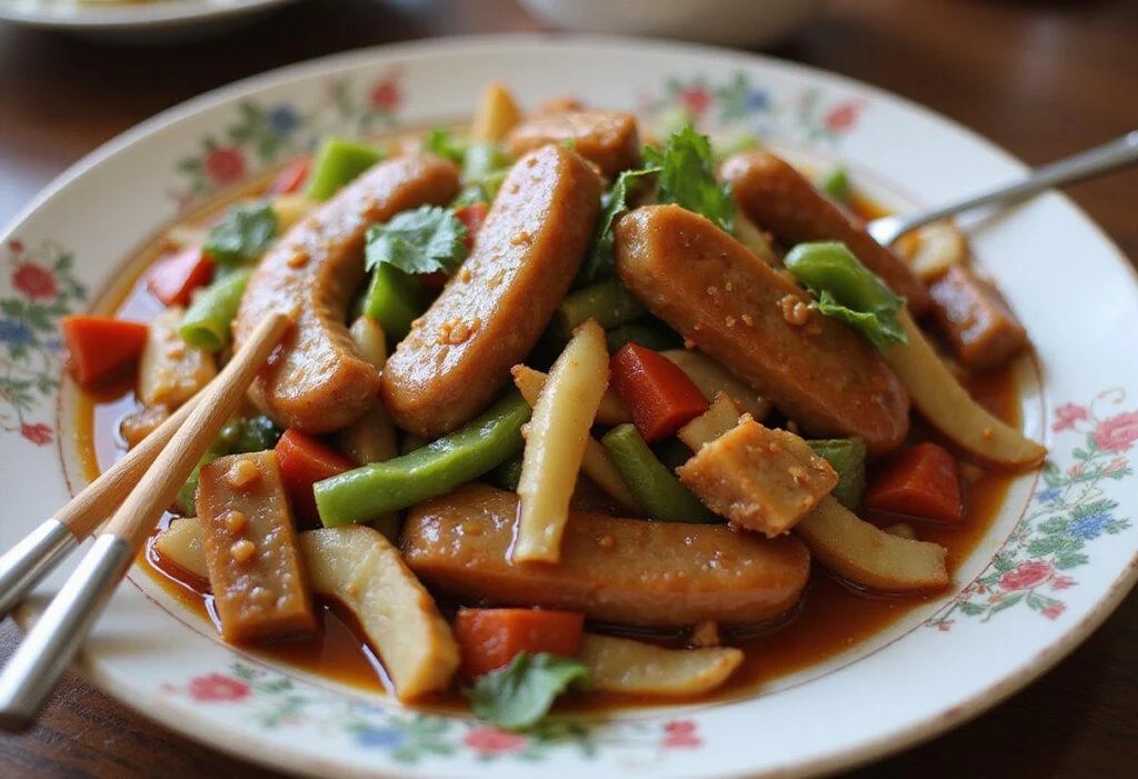 Final presentation of a delicious stir-fried Chinese sausage recipe, artfully arranged with vegetables and garnished for an authentic touch.