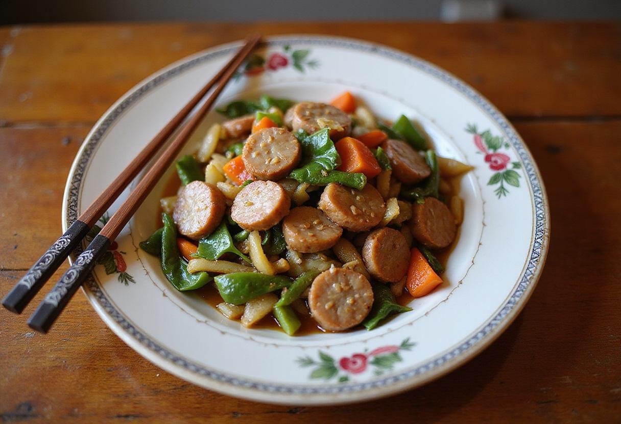 Final presentation of a delicious stir-fried Chinese sausage recipe, artfully arranged with vegetables and garnished for an authentic touch.